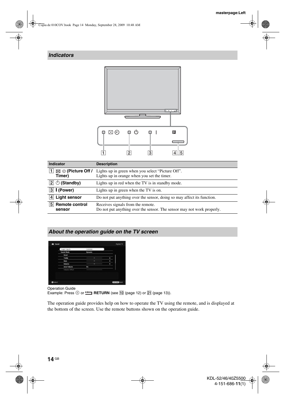 Indicators, About the operation guide on the tv screen | Sony KDL-52Z5800 User Manual | Page 14 / 175