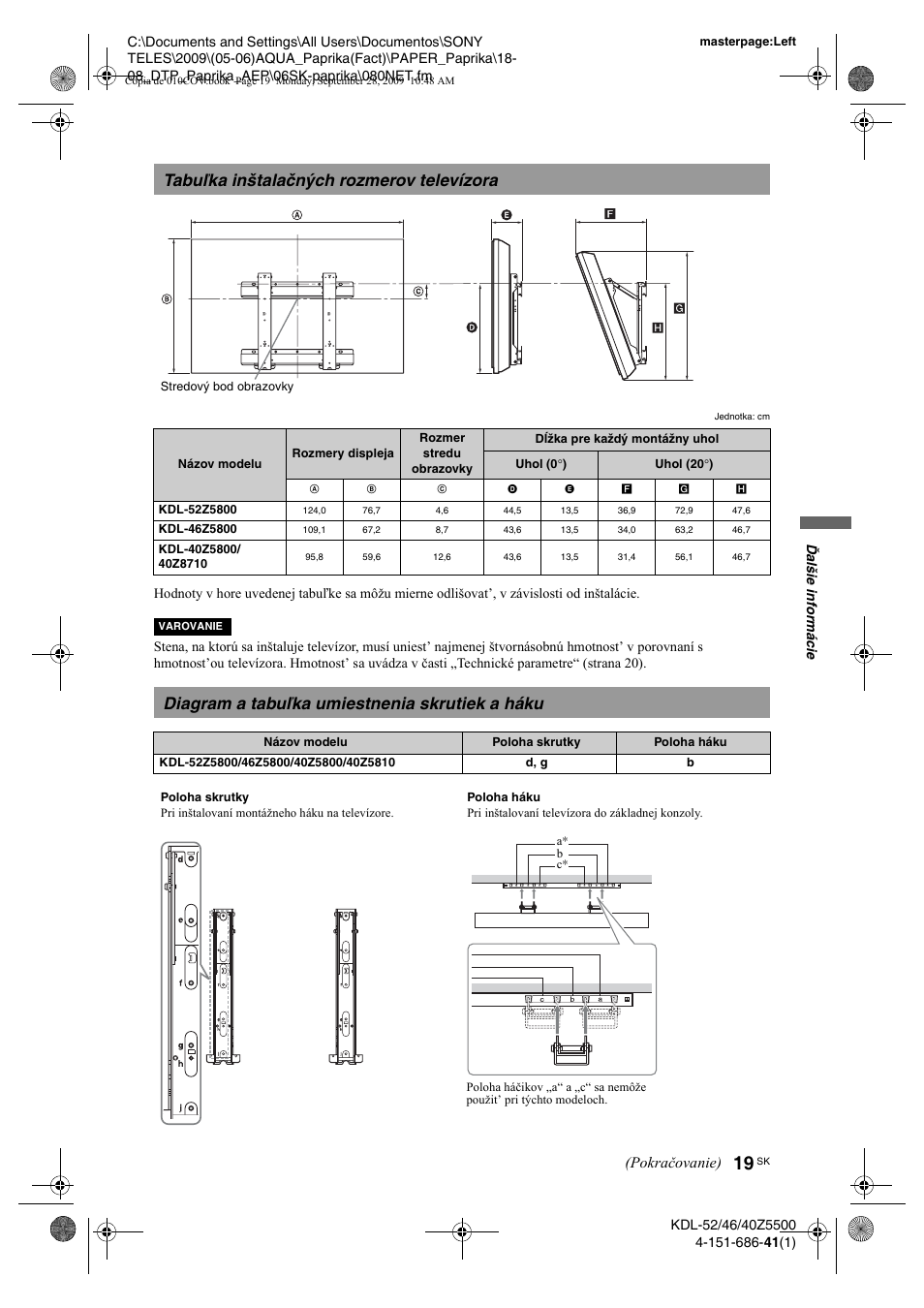 Tabu½ka inðtalaènæch rozmerov televízora, Diagram a tabu½ka umiestnenia skrutiek a háku, Tabuľka inštalačných rozmerov televízora | Diagram a tabuľka umiestnenia skrutiek a háku, Pokračovanie) | Sony KDL-52Z5800 User Manual | Page 143 / 175