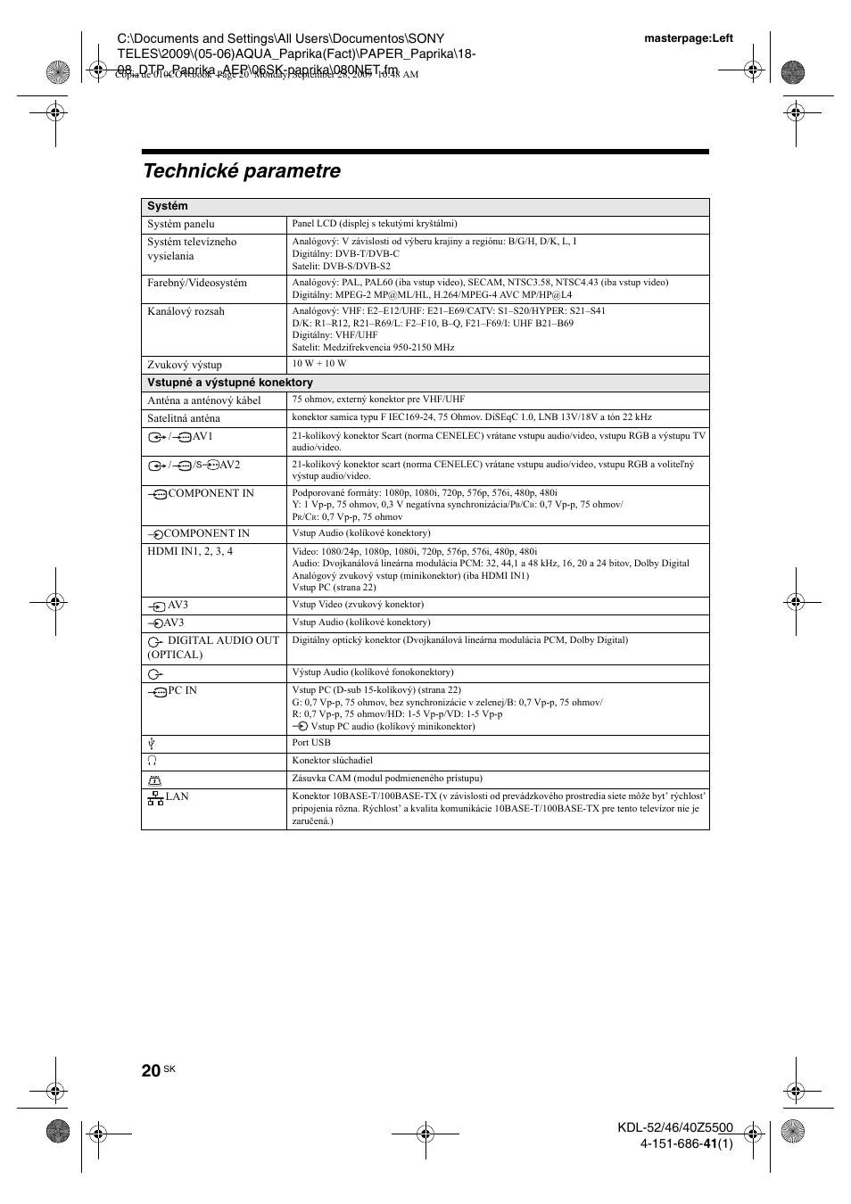 Technické parametre | Sony KDL-52Z5800 User Manual | Page 144 / 175