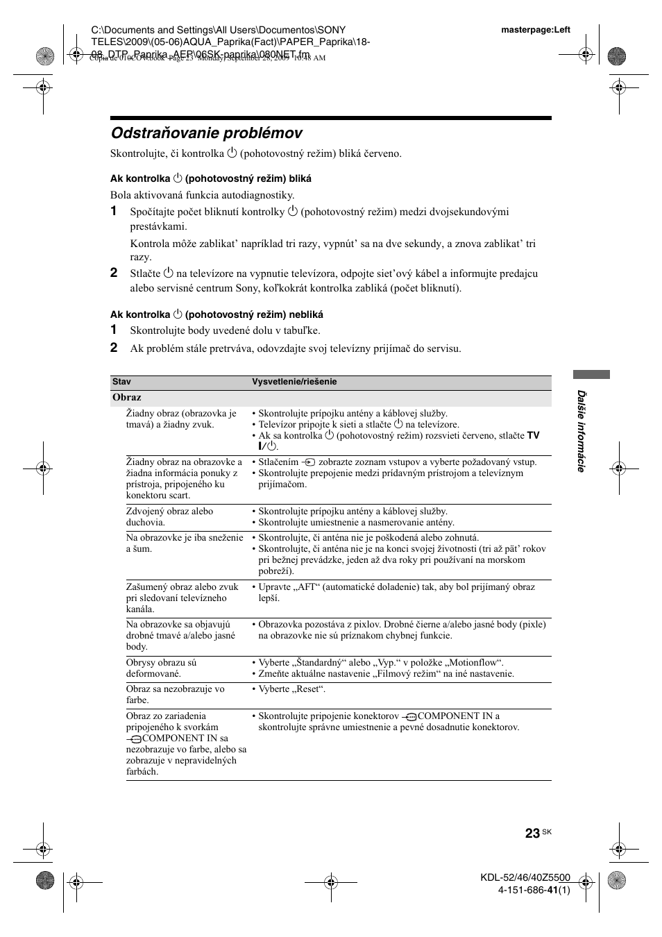 Odstraòovanie problémov, 1 skontrolujte body uvedené dolu v tabu½ke, Odstraňovanie problémov | Sony KDL-52Z5800 User Manual | Page 147 / 175