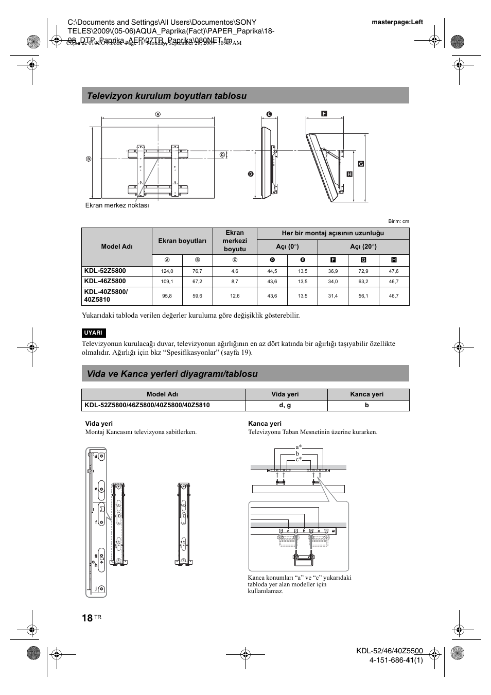 Televizyon kurulum boyutlaræ tablosu, Vida ve kanca yerleri diyagramæ/tablosu, Televizyon kurulum boyutları tablosu | Vida ve kanca yerleri diyagramı/tablosu | Sony KDL-52Z5800 User Manual | Page 167 / 175