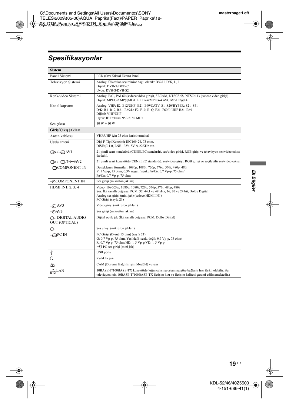 Spesifikasyonlar | Sony KDL-52Z5800 User Manual | Page 168 / 175