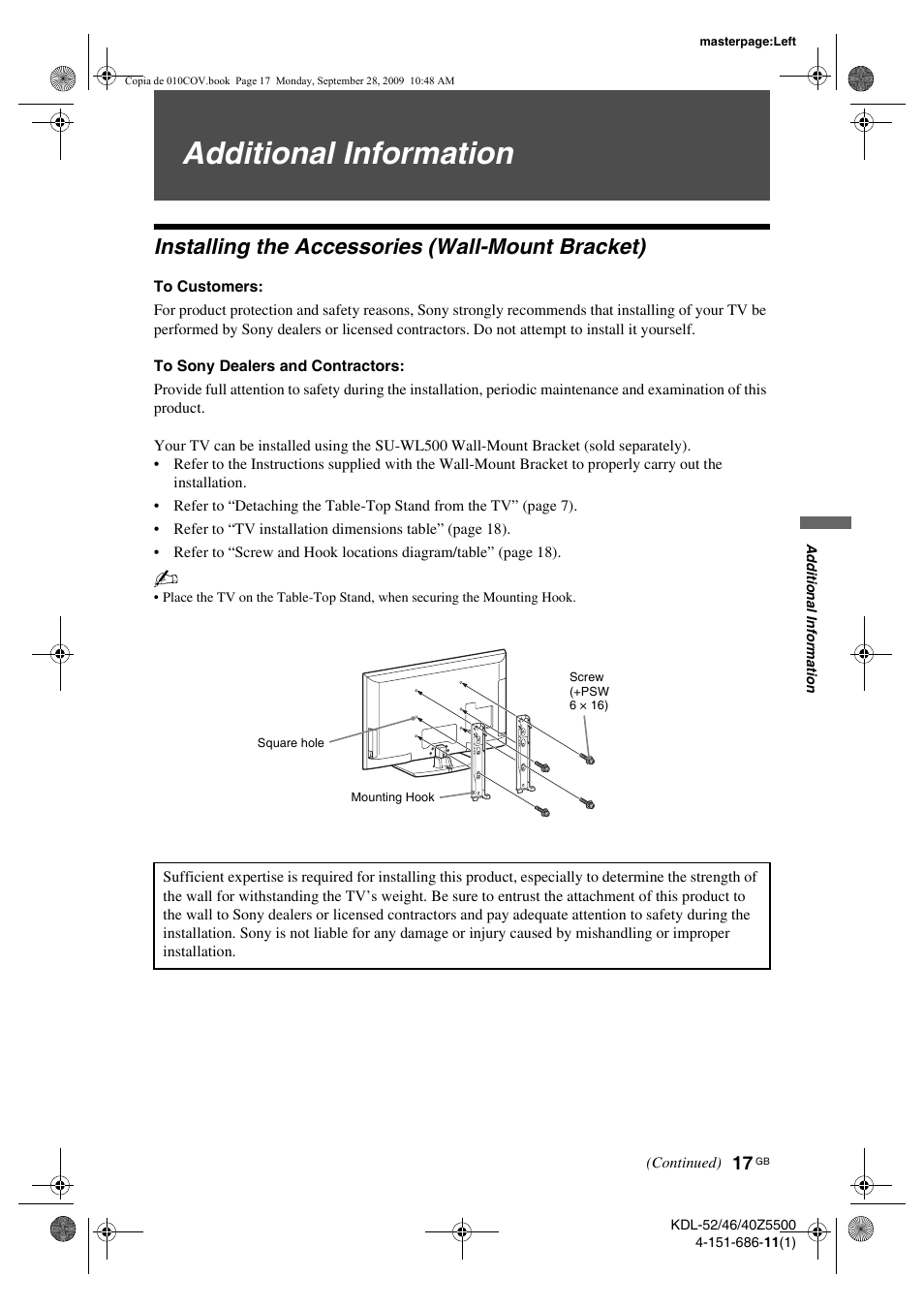 Additional information, Installing the accessories (wall-mount bracket), To customers | To sony dealers and contractors | Sony KDL-52Z5800 User Manual | Page 17 / 175