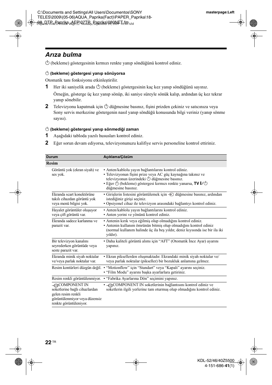 Aræza bulma, Arıza bulma | Sony KDL-52Z5800 User Manual | Page 171 / 175