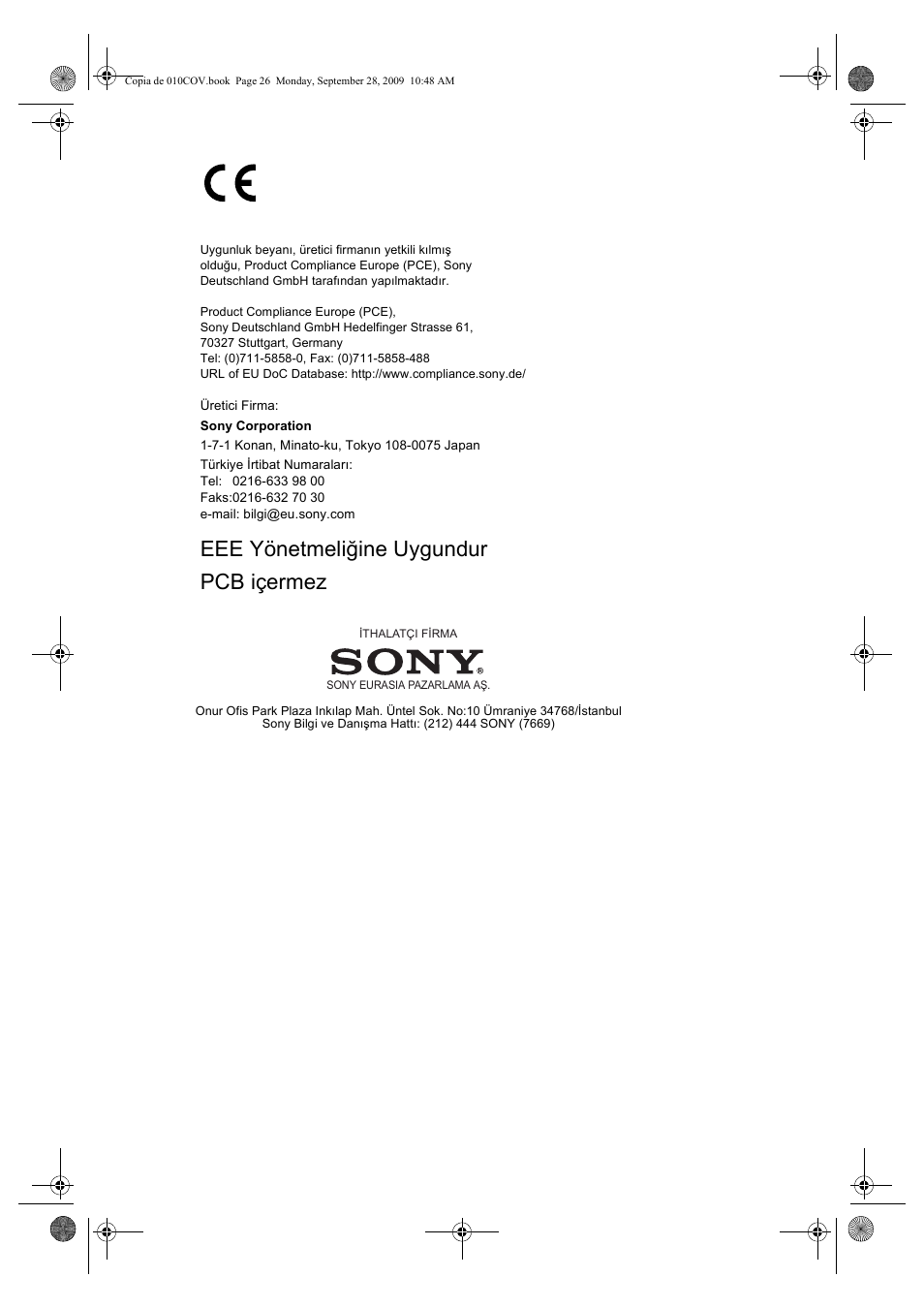 Eee yönetmeliğine uygundur pcb içermez | Sony KDL-52Z5800 User Manual | Page 175 / 175