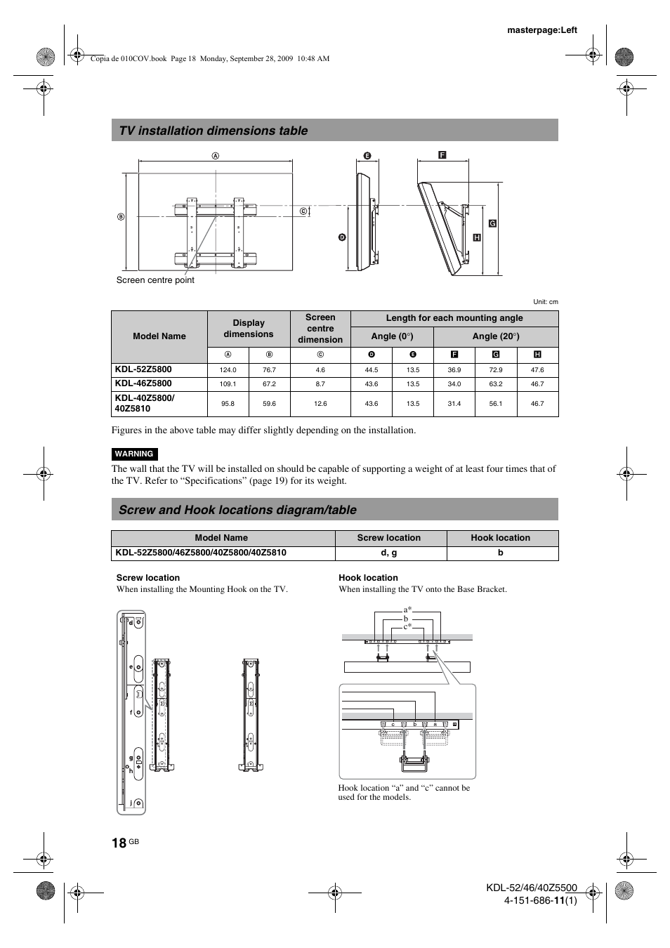 Tv installation dimensions table, Screw and hook locations diagram/table | Sony KDL-52Z5800 User Manual | Page 18 / 175