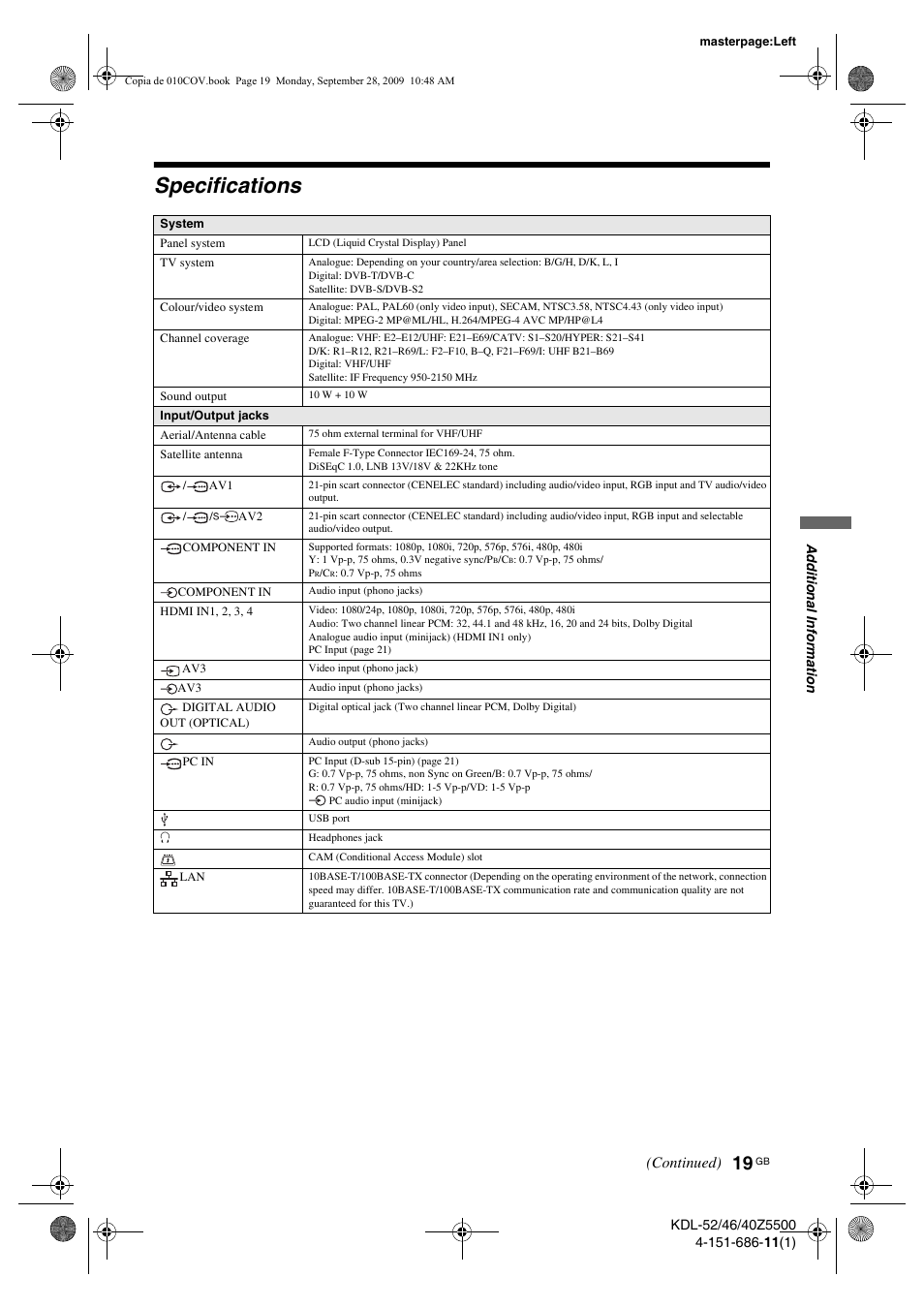 Specifications | Sony KDL-52Z5800 User Manual | Page 19 / 175