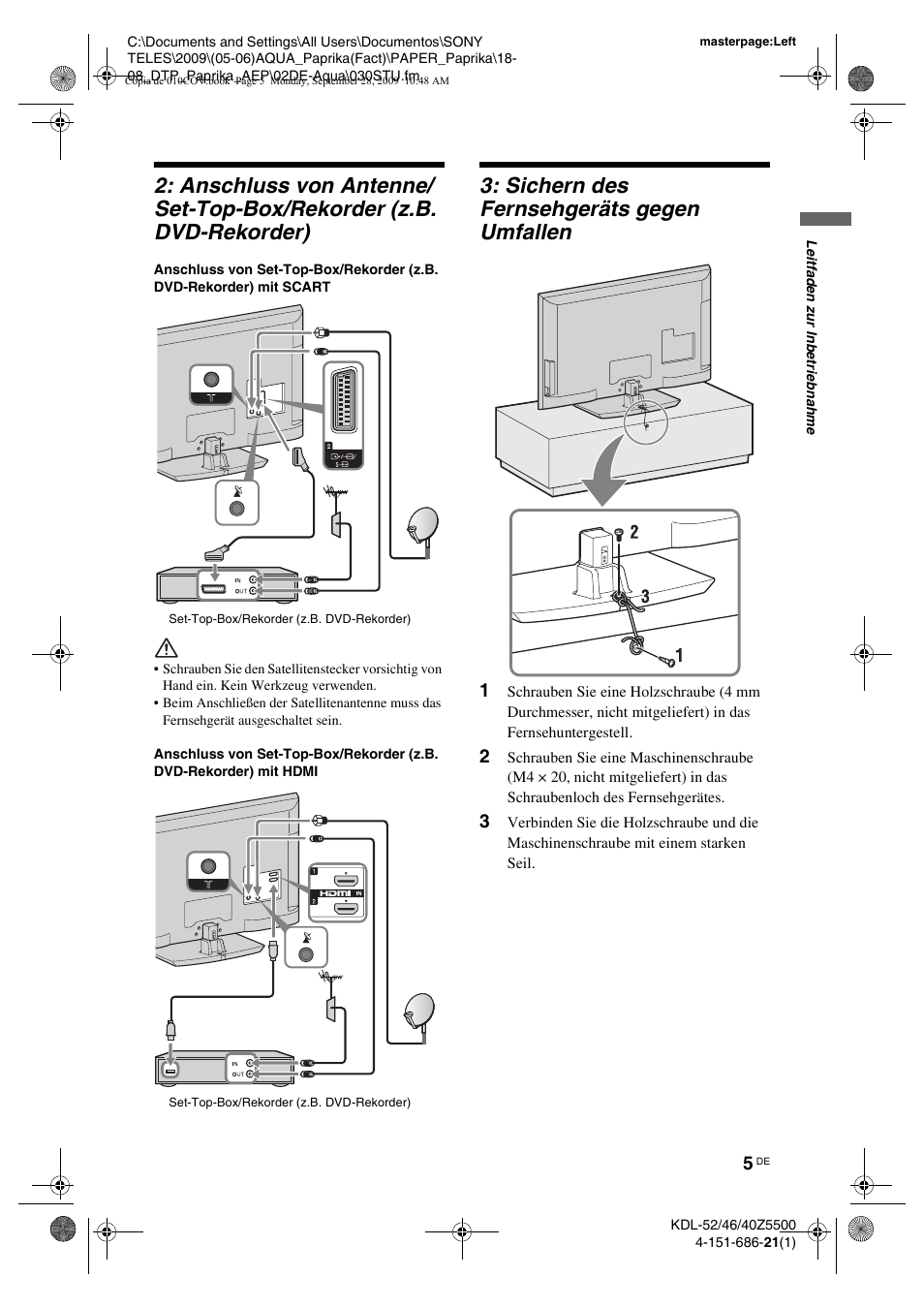 Sichern des fernsehgeräts gegen umfallen | Sony KDL-52Z5800 User Manual | Page 29 / 175