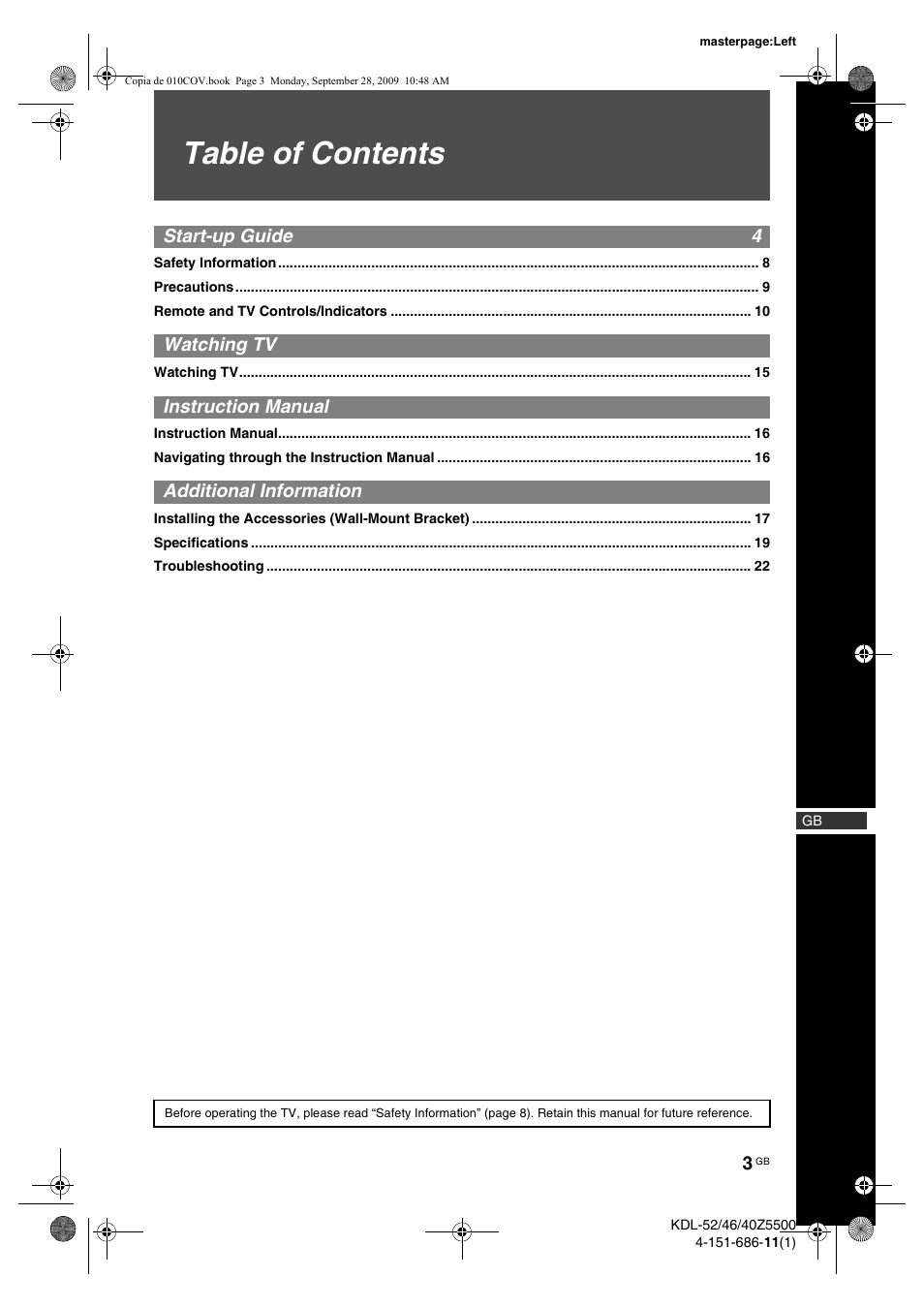 Sony KDL-52Z5800 User Manual | Page 3 / 175