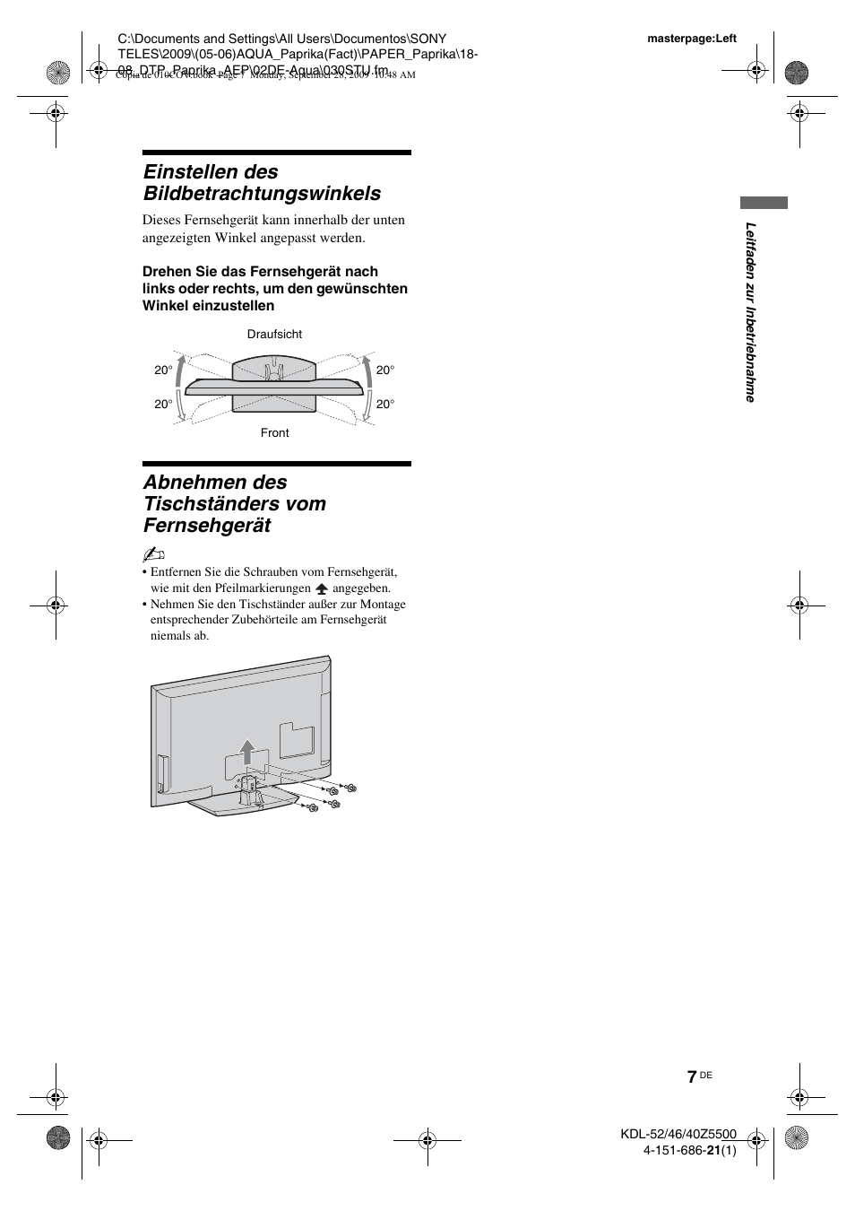 Einstellen des bildbetrachtungswinkels, Abnehmen des tischständers vom fernsehgerät | Sony KDL-52Z5800 User Manual | Page 31 / 175