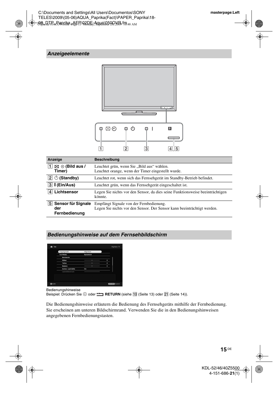 Anzeigeelemente, Bedienungshinweise auf dem fernsehbildschirm | Sony KDL-52Z5800 User Manual | Page 39 / 175