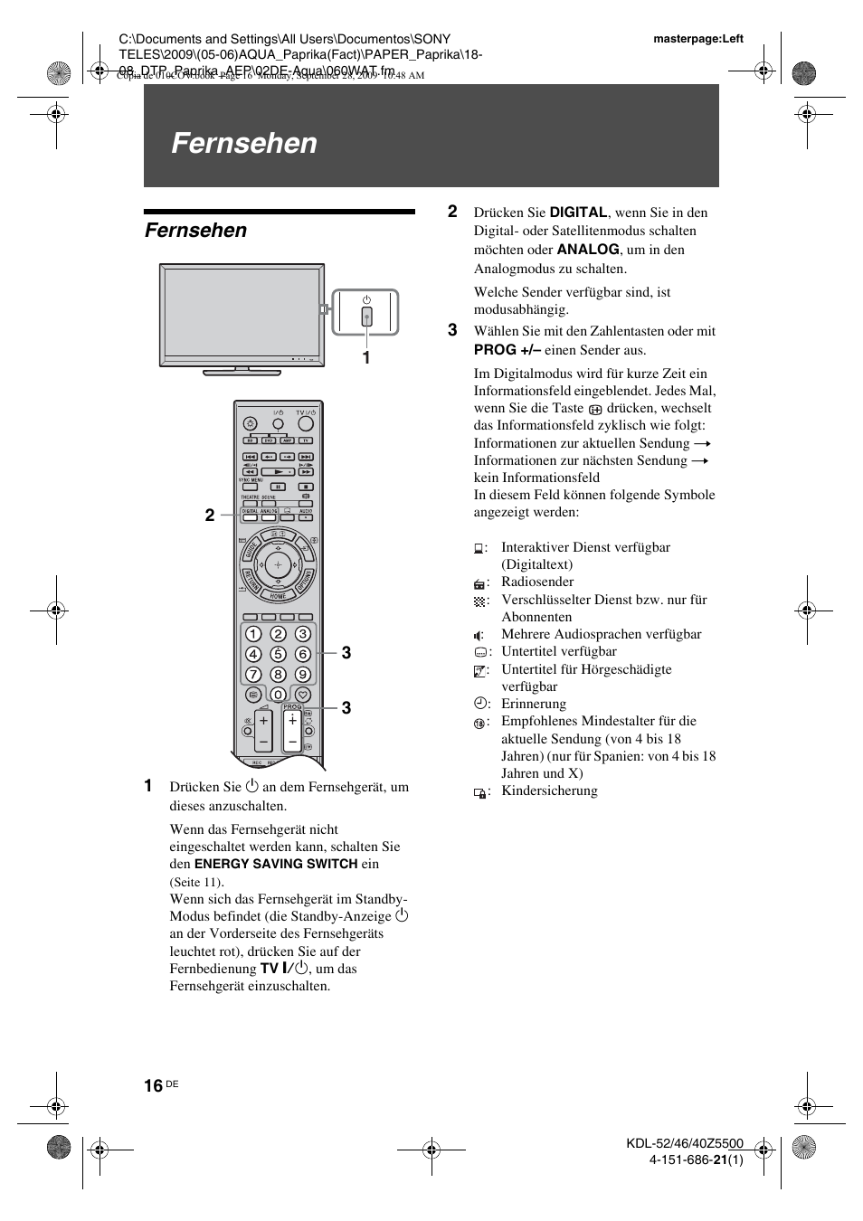 Fernsehen | Sony KDL-52Z5800 User Manual | Page 40 / 175