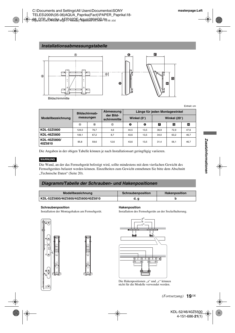 Installationsabmessungstabelle, Ter „installationsabmessungstabelle“ (seite 19), Ter „diagramm/tabelle der schrauben- und | Hakenpositionen“ (seite 19), Fortsetzung) | Sony KDL-52Z5800 User Manual | Page 43 / 175