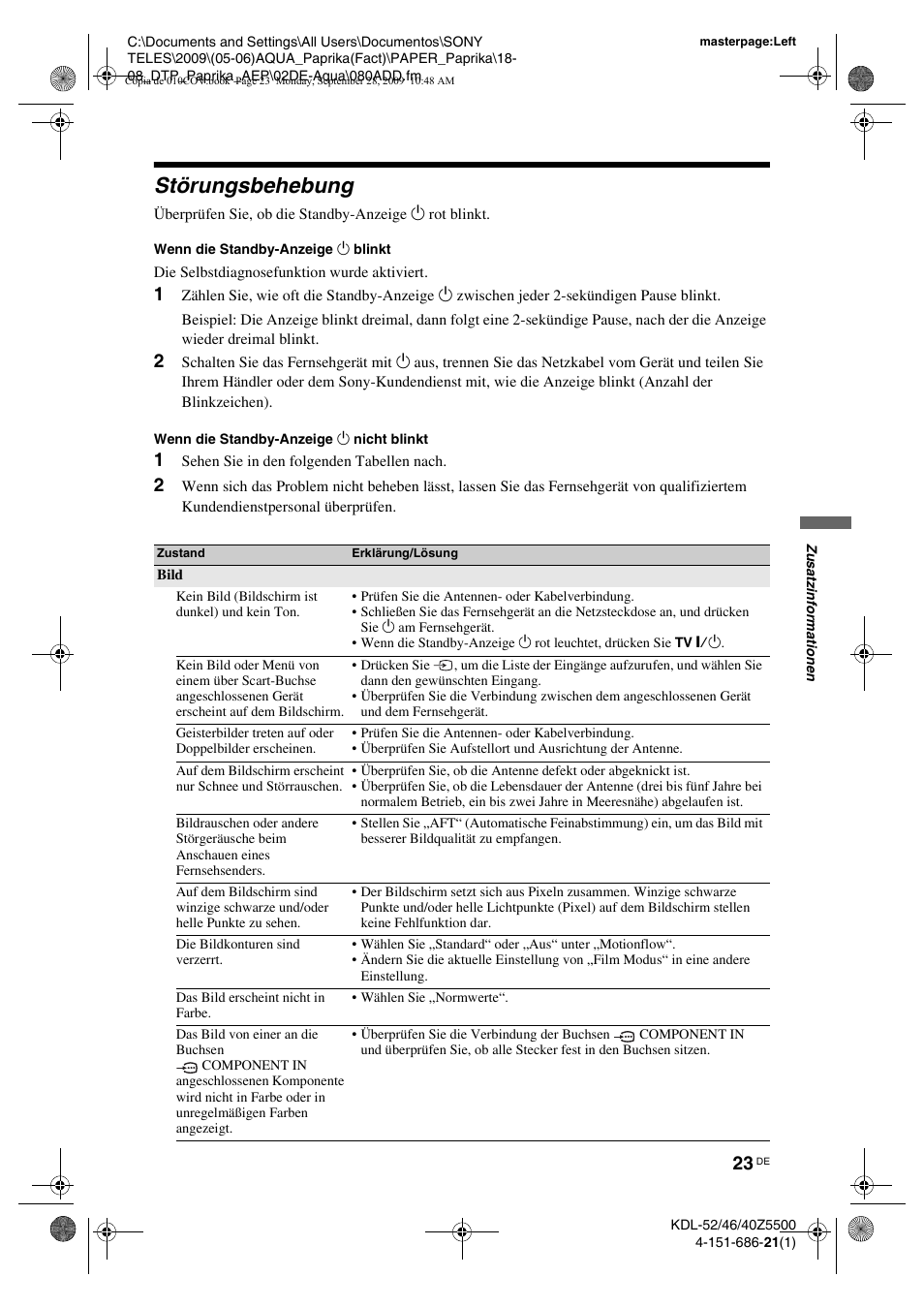 Störungsbehebung, 1 sehen sie in den folgenden tabellen nach | Sony KDL-52Z5800 User Manual | Page 47 / 175