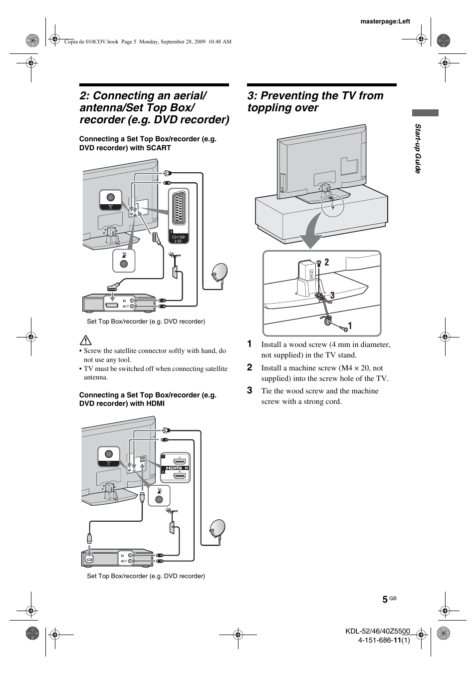 Preventing the tv from toppling over | Sony KDL-52Z5800 User Manual | Page 5 / 175