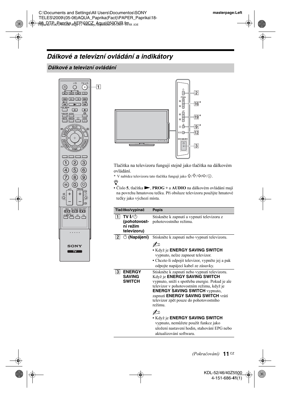 Dálkové a televizní ovládání a indikátory, Dálkové a televizní ovládání | Sony KDL-52Z5800 User Manual | Page 60 / 175