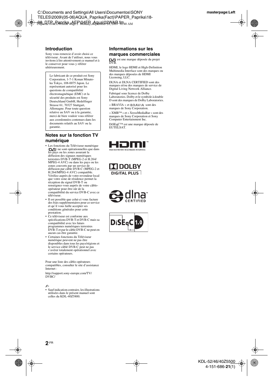 Introduction, Informations sur les marques commerciales | Sony KDL-52Z5800 User Manual | Page 76 / 175