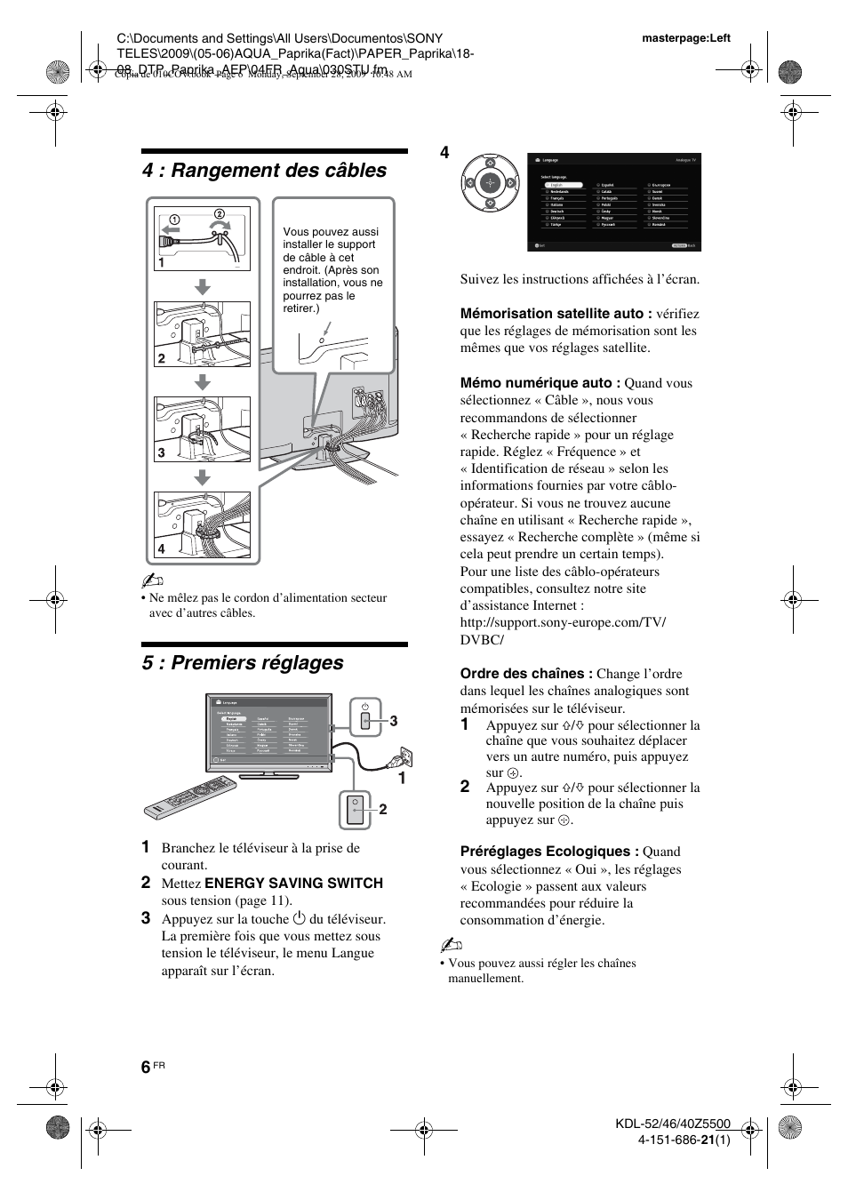 4 : rangement des câbles, 5 : premiers réglages | Sony KDL-52Z5800 User Manual | Page 80 / 175