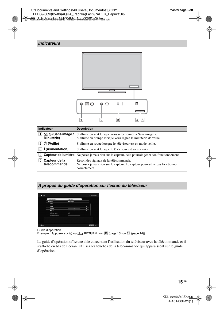 Indicateurs | Sony KDL-52Z5800 User Manual | Page 89 / 175