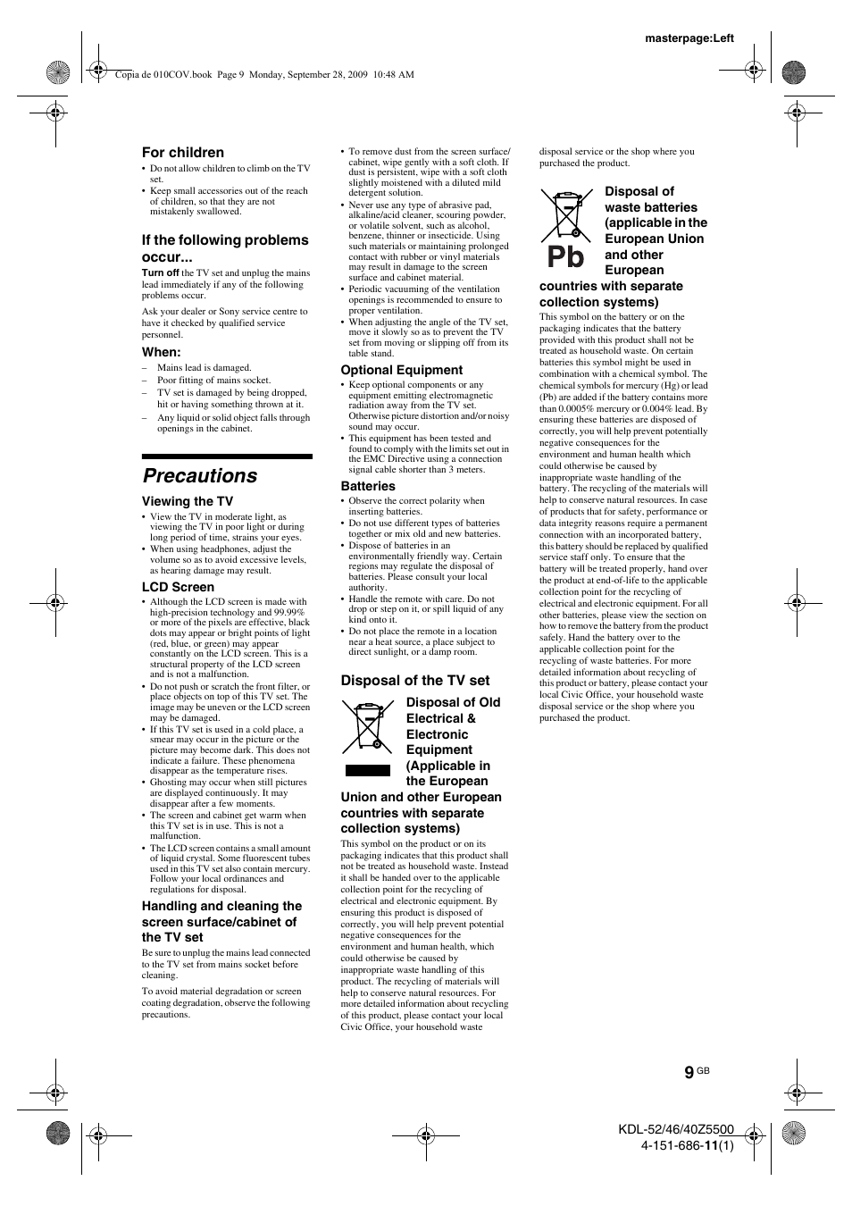 Precautions | Sony KDL-52Z5800 User Manual | Page 9 / 175