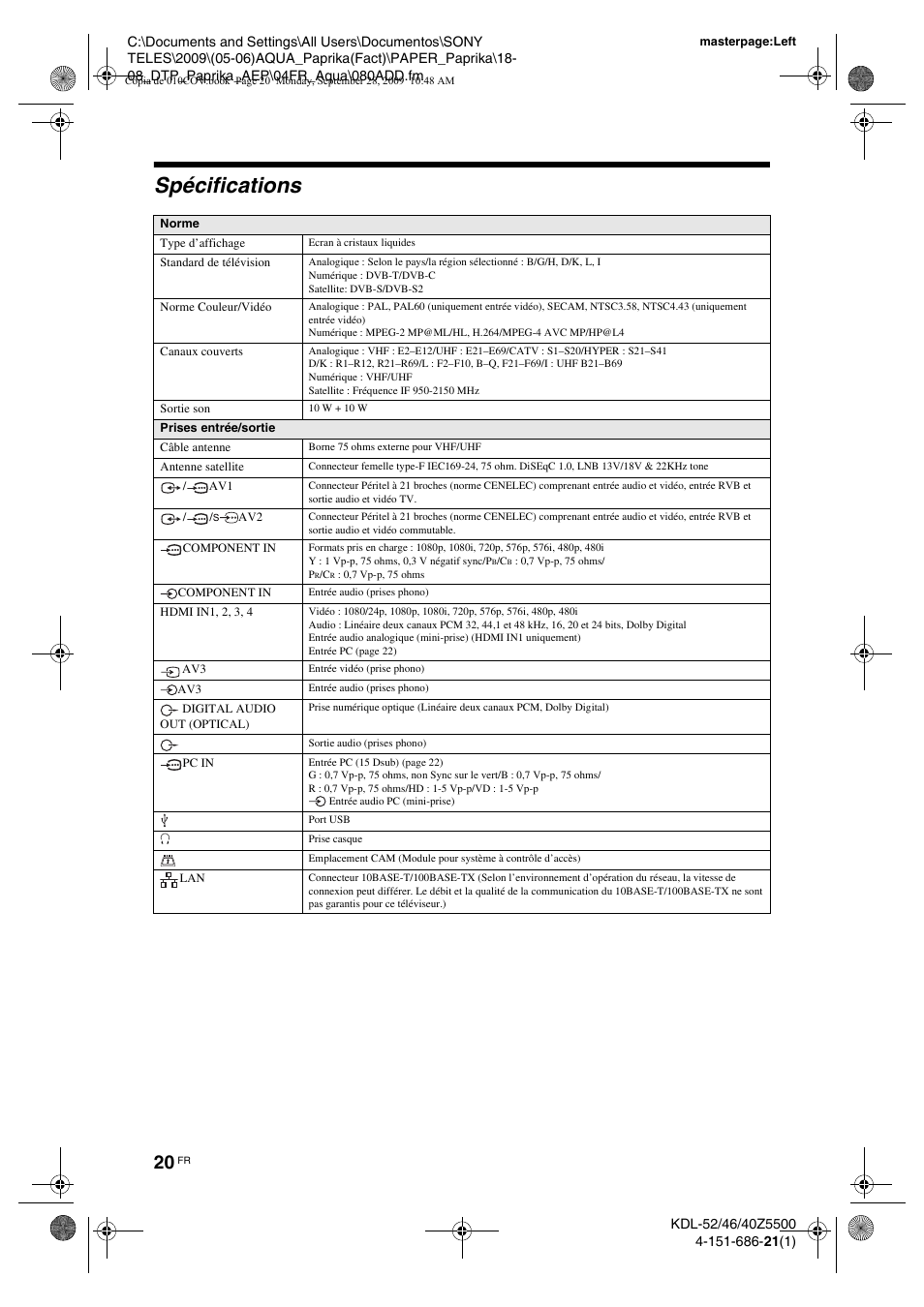 Spécifications | Sony KDL-52Z5800 User Manual | Page 94 / 175