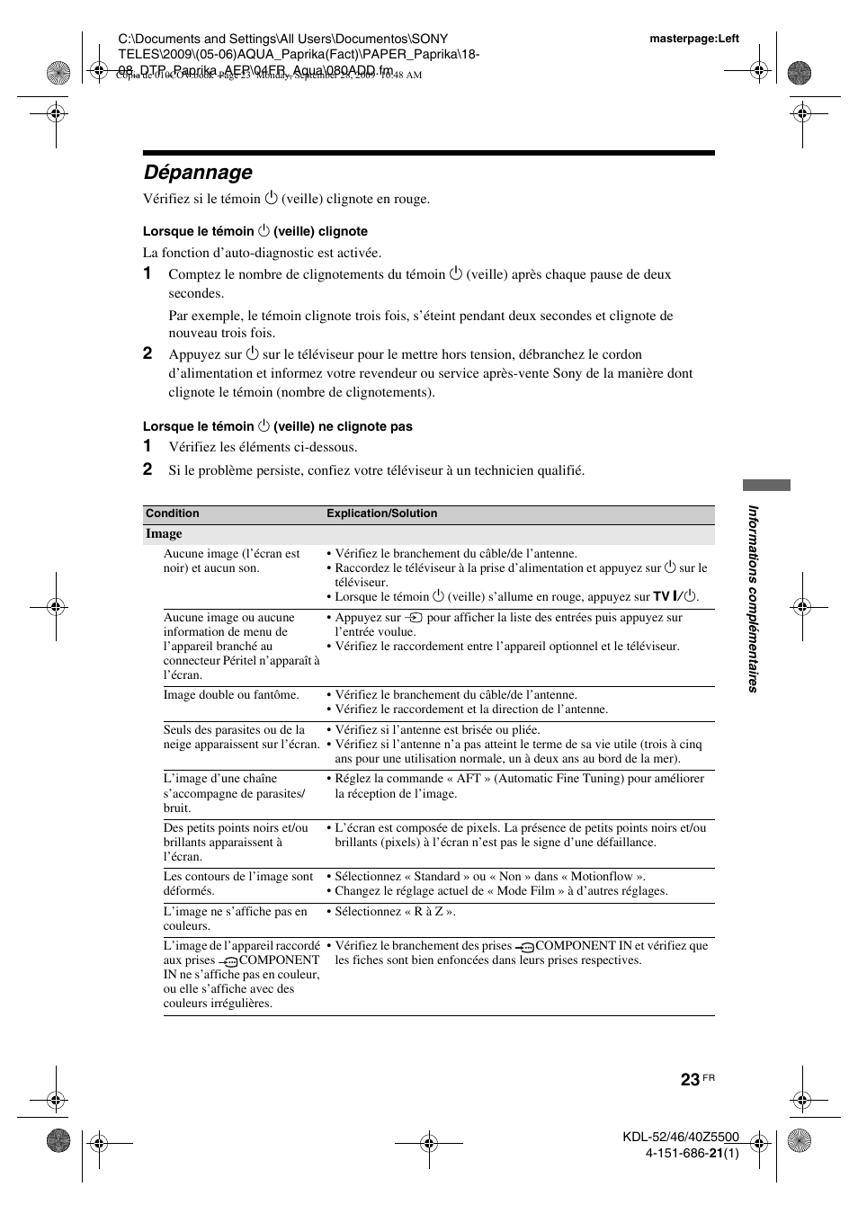 Dépannage, 1 vérifiez les éléments ci-dessous | Sony KDL-52Z5800 User Manual | Page 97 / 175