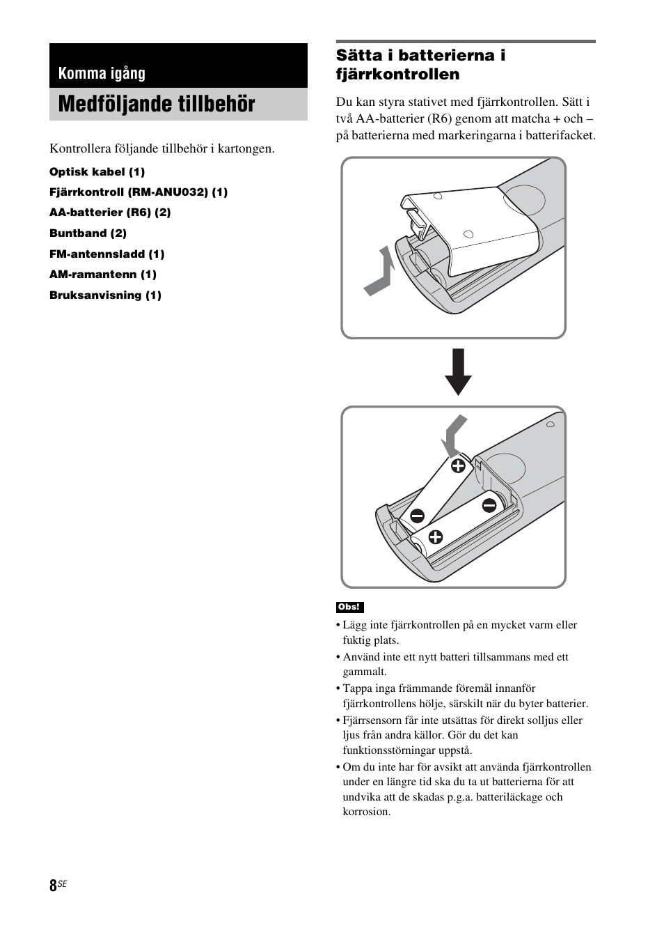 Komma igång, Medföljande tillbehör, Sätta i batterierna i fjärrkontrollen | Sony RHT-G1550 User Manual | Page 104 / 196