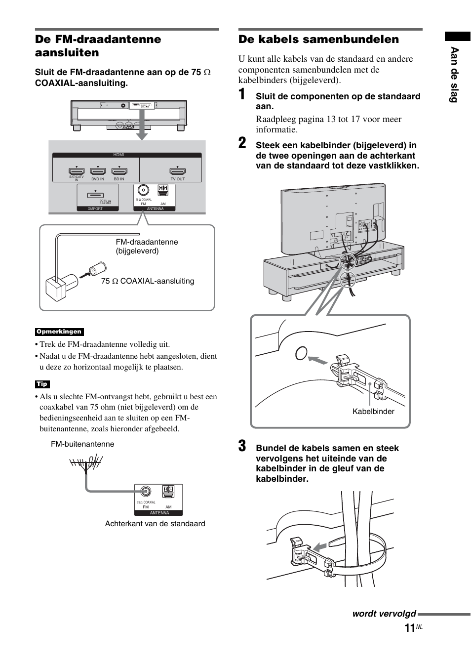 De fm-draadantenne aansluiten, De kabels samenbundelen, Raadpleeg pagina 13 t ot 17 v oor meer informatie | Sony RHT-G1550 User Manual | Page 11 / 196