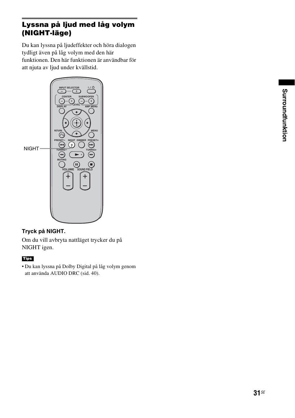 Sid. 31), Lyssna på ljud med låg volym (night-läge), Su rr oun dfunk tion | Tryck på night | Sony RHT-G1550 User Manual | Page 127 / 196
