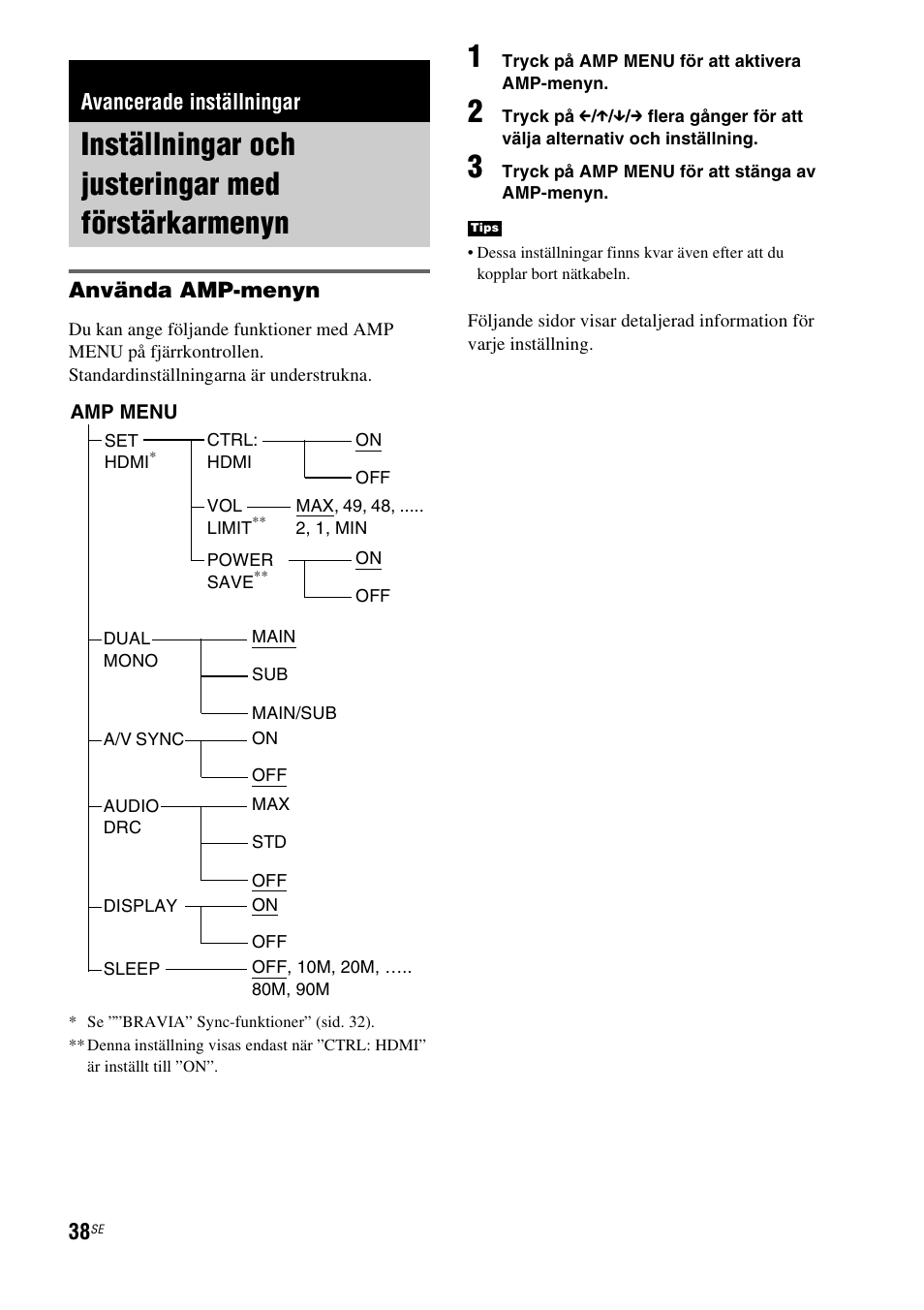Avancerade inställningar, Inställningar och justeringar med förstärkarmenyn, Inställningar och justeringar med | Förstärkarmenyn, Sid. 38), Använda amp-menyn | Sony RHT-G1550 User Manual | Page 134 / 196