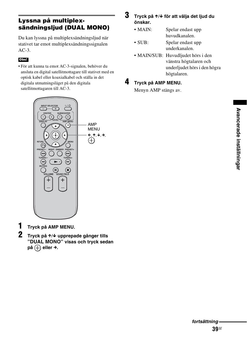 Lyssna på multiplex- sändningsljud (dual mono), Av anc e rade ins tälln inga r | Sony RHT-G1550 User Manual | Page 135 / 196
