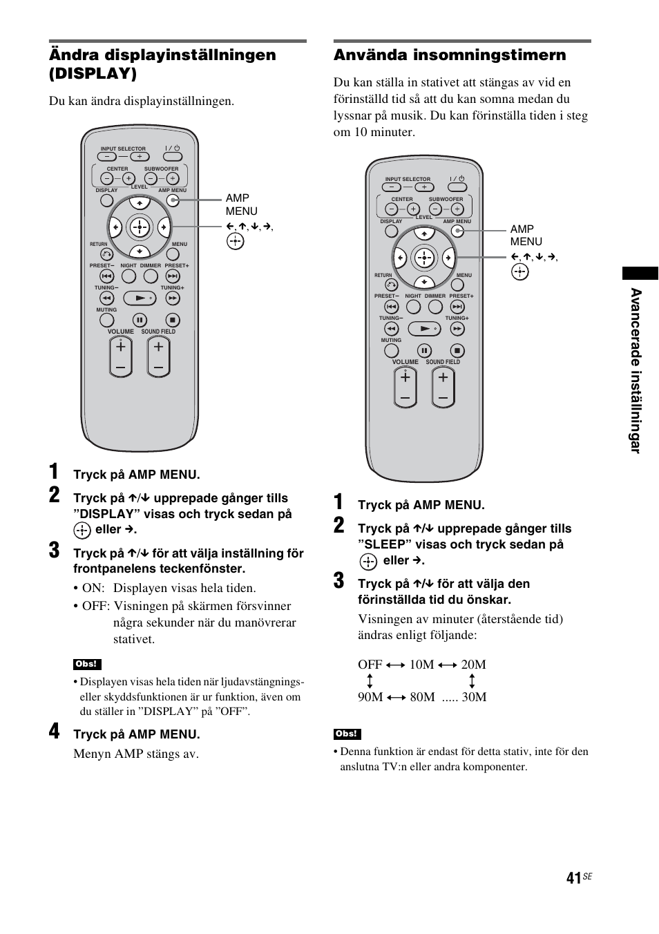P (41), Ändra displayinställningen (display), Använda insomningstimern | Av anc e rade ins tälln inga r, Du kan ändra displayinställningen, Menyn amp stängs av | Sony RHT-G1550 User Manual | Page 137 / 196