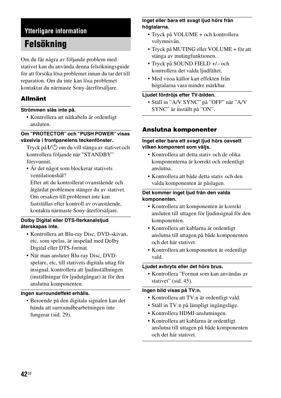 Ytterligare information, Felsökning | Sony RHT-G1550 User Manual | Page 138 / 196
