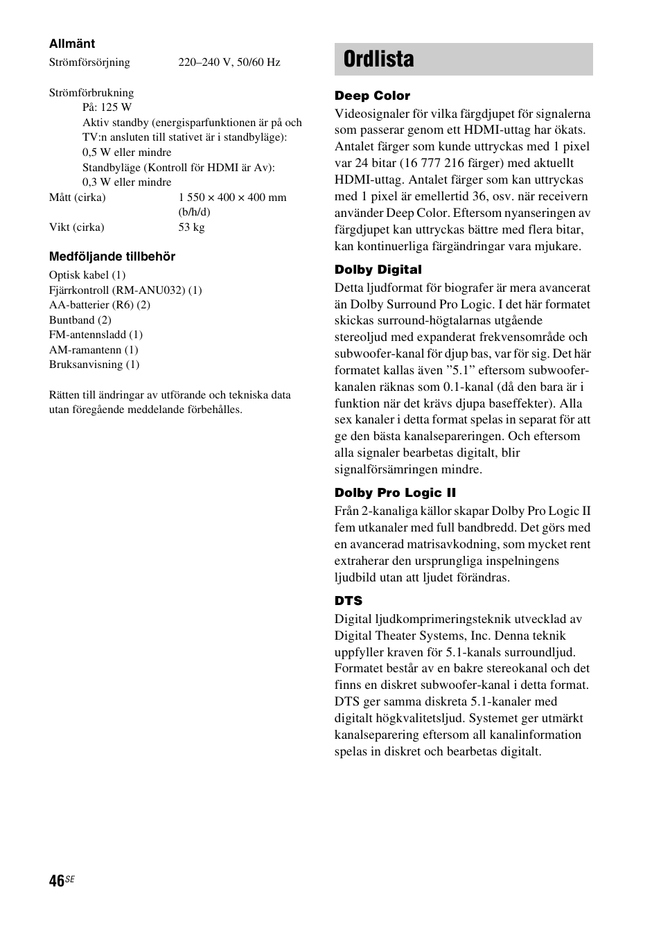 Ordlista | Sony RHT-G1550 User Manual | Page 142 / 196