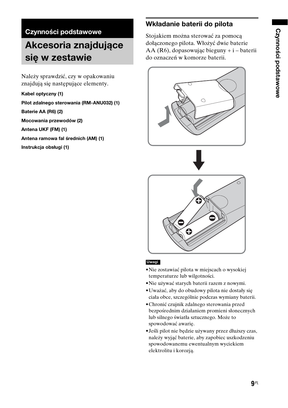 Czynności podstawowe, Akcesoria znajdujące się w zestawie, Akcesoria znajdujące się w | Zestawie, Wkładanie baterii do pilota | Sony RHT-G1550 User Manual | Page 153 / 196