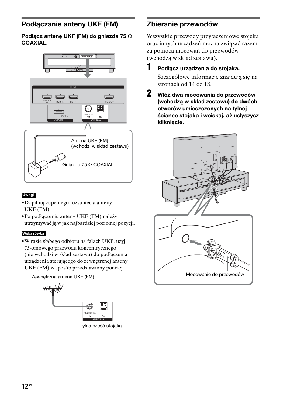 Podłączanie anteny ukf (fm), Zbieranie przewodów, Podłącz antenę ukf (fm) do gniazda 75 ω coaxial | Podłącz urządzenia do stojaka | Sony RHT-G1550 User Manual | Page 156 / 196