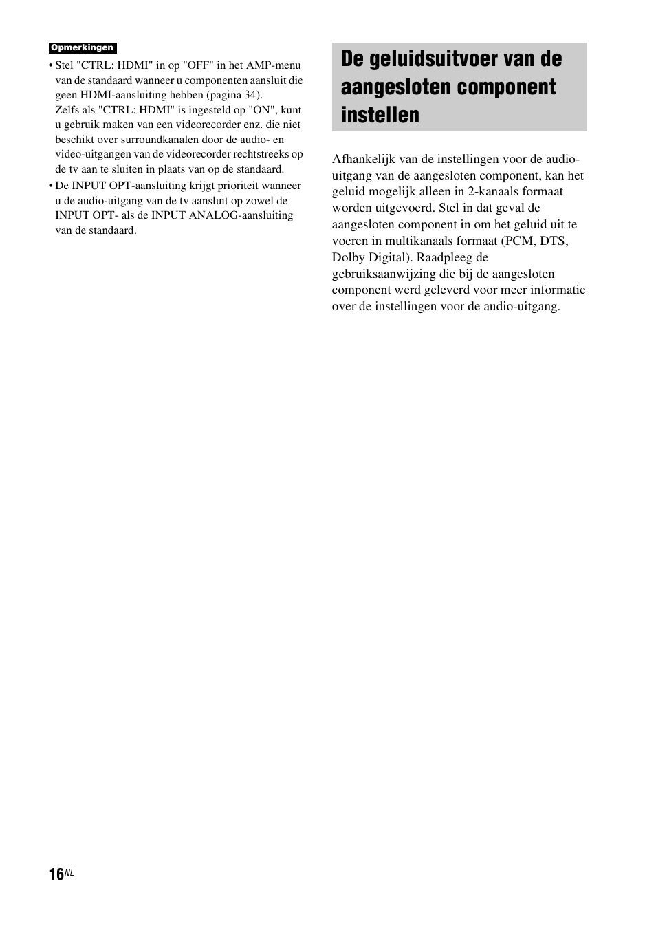 De geluidsuitvoer van de aangesloten, Component instellen | Sony RHT-G1550 User Manual | Page 16 / 196
