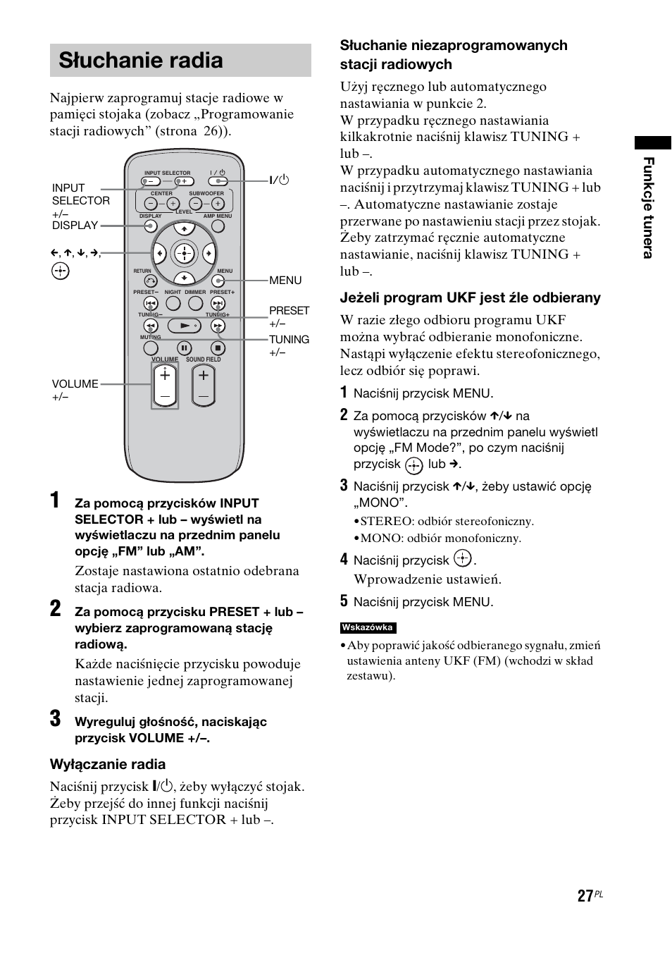 Słuchanie radia, Wyłączanie radia, Słuchanie niezaprogramowanych stacji radiowych | Jeżeli program ukf jest źle odbierany | Sony RHT-G1550 User Manual | Page 171 / 196
