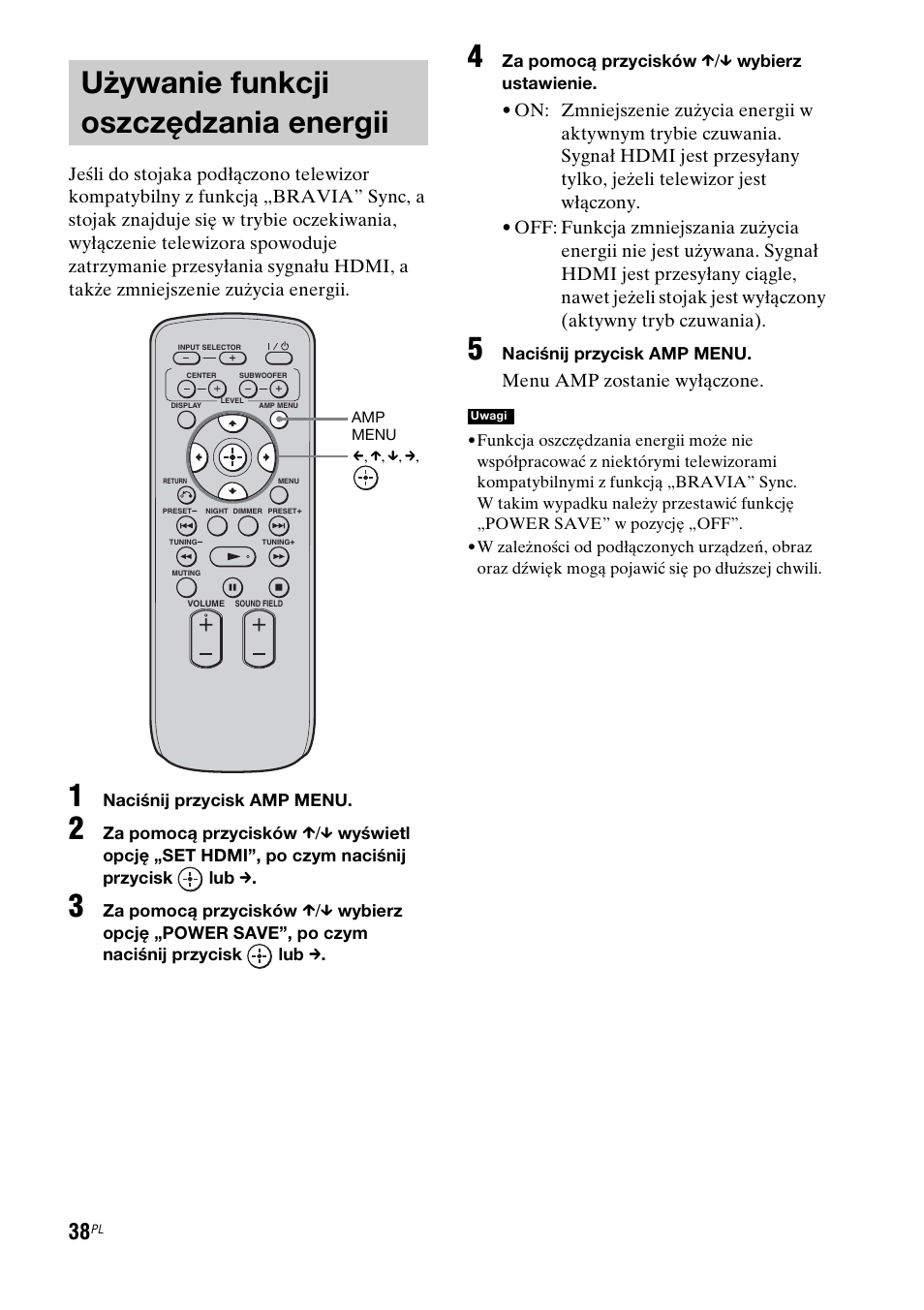 Używanie funkcji oszczędzania energii, Używanie funkcji oszczędzania, Energii | Menu amp zostanie wyłączone | Sony RHT-G1550 User Manual | Page 182 / 196