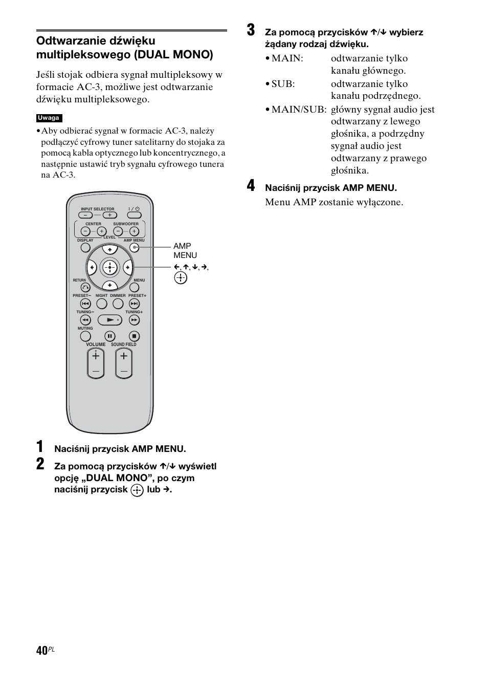 Odtwarzanie dźwięku multipleksowego (dual mono), Dual mono, Menu amp zostanie wyłączone | Sony RHT-G1550 User Manual | Page 184 / 196