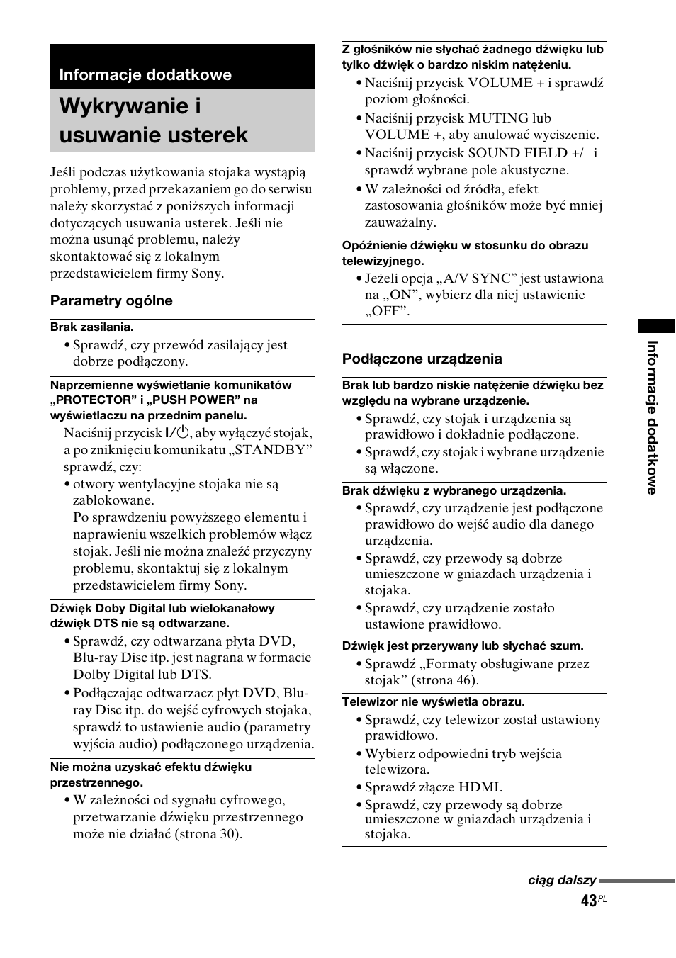 Informacje dodatkowe, Wykrywanie i usuwanie usterek | Sony RHT-G1550 User Manual | Page 187 / 196