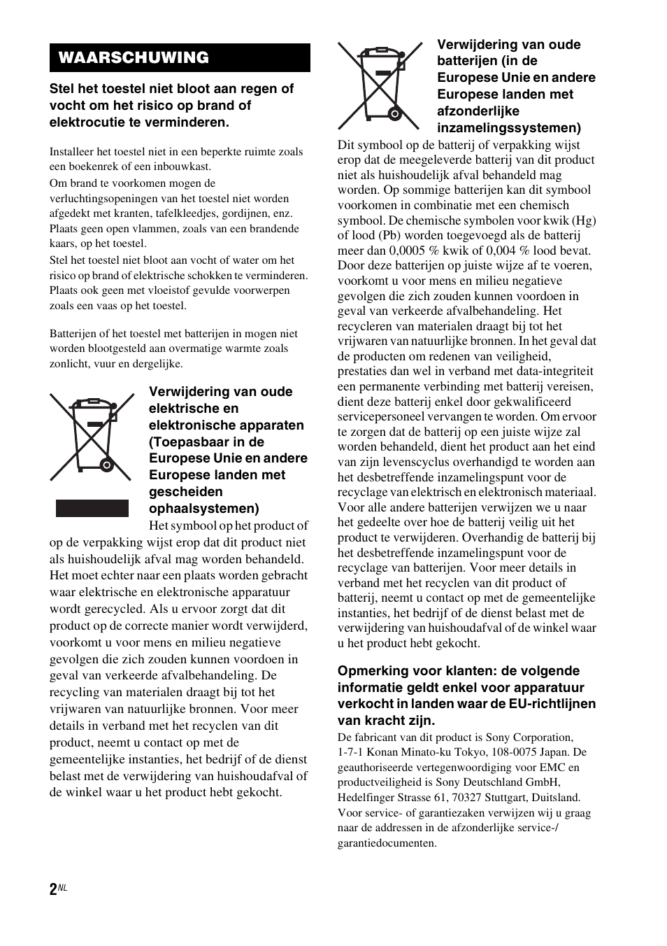 Waarschuwing | Sony RHT-G1550 User Manual | Page 2 / 196