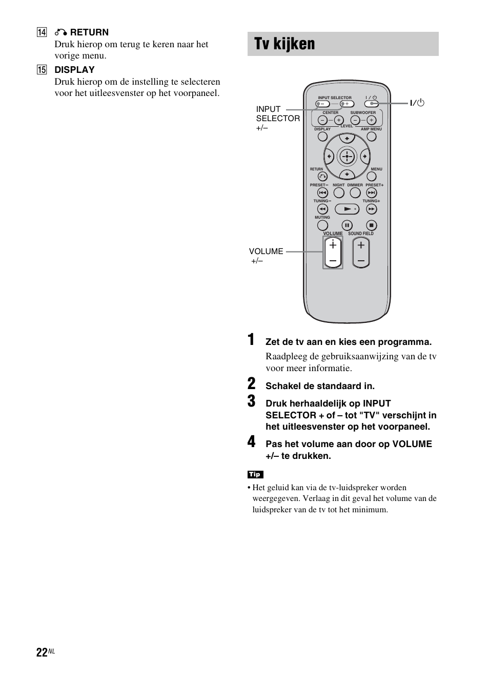 Tv kijken, Druk hierop om terug te keren naar het vorige menu | Sony RHT-G1550 User Manual | Page 22 / 196