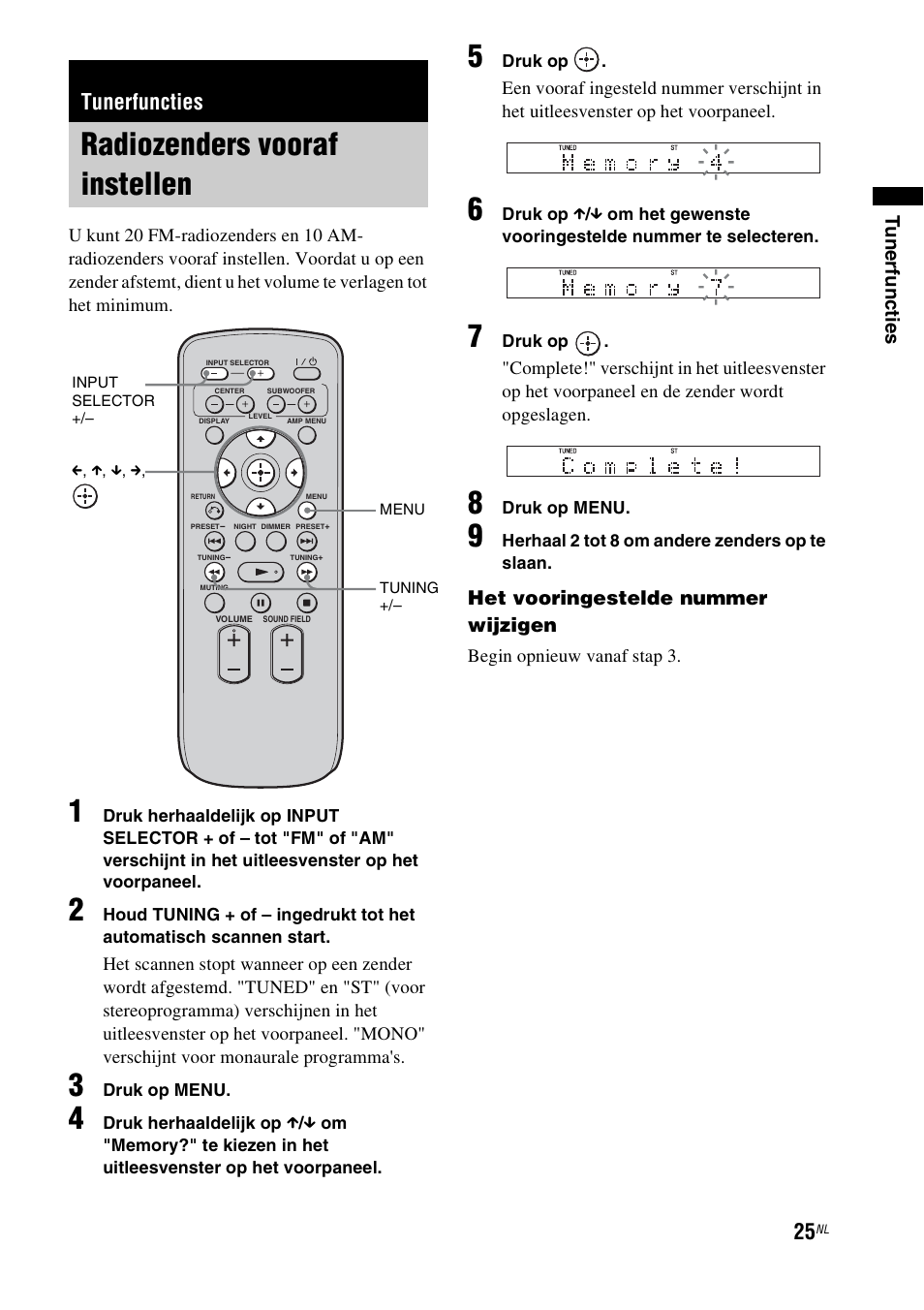 Tunerfuncties, Radiozenders vooraf instellen, D (25) | Tunerfu n ctie s, Het vooringestelde nummer wijzigen | Sony RHT-G1550 User Manual | Page 25 / 196