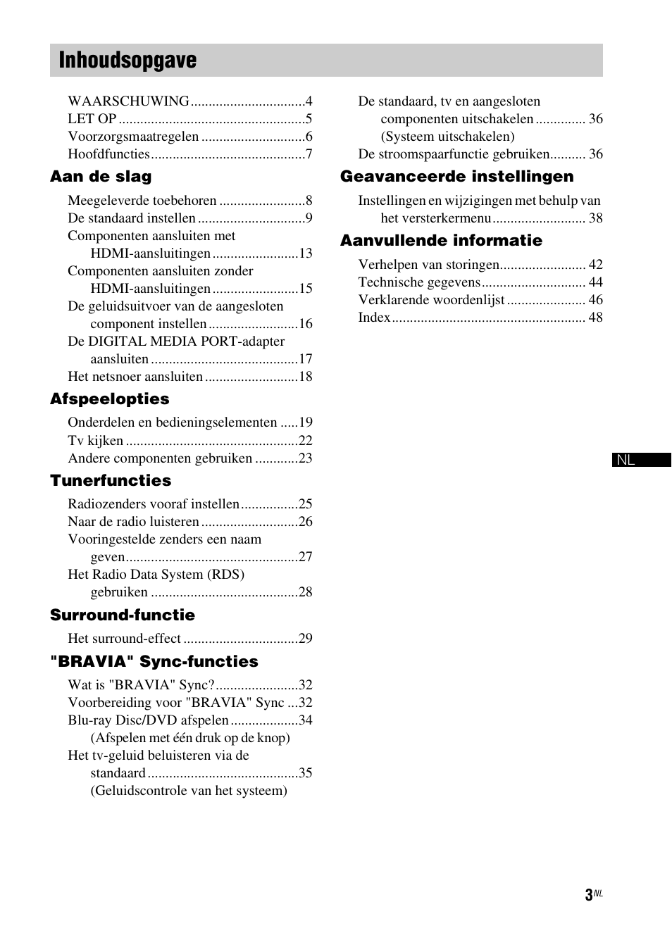 Inhoudsopgave | Sony RHT-G1550 User Manual | Page 3 / 196