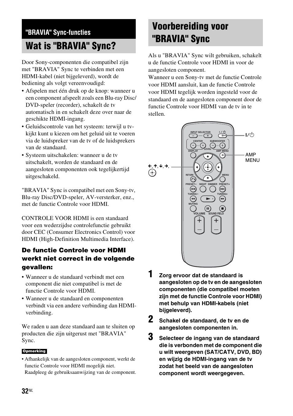 Bravia" sync-functies, Wat is "bravia" sync, Voorbereiding voor "bravia" sync | Sony RHT-G1550 User Manual | Page 32 / 196