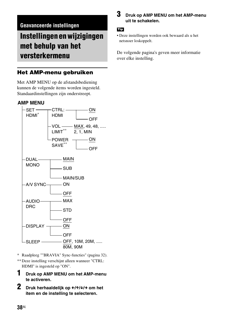 Geavanceerde instellingen, Instellingen en wijzigingen met behulp van, Het versterkermenu | Het amp-menu gebruiken | Sony RHT-G1550 User Manual | Page 38 / 196