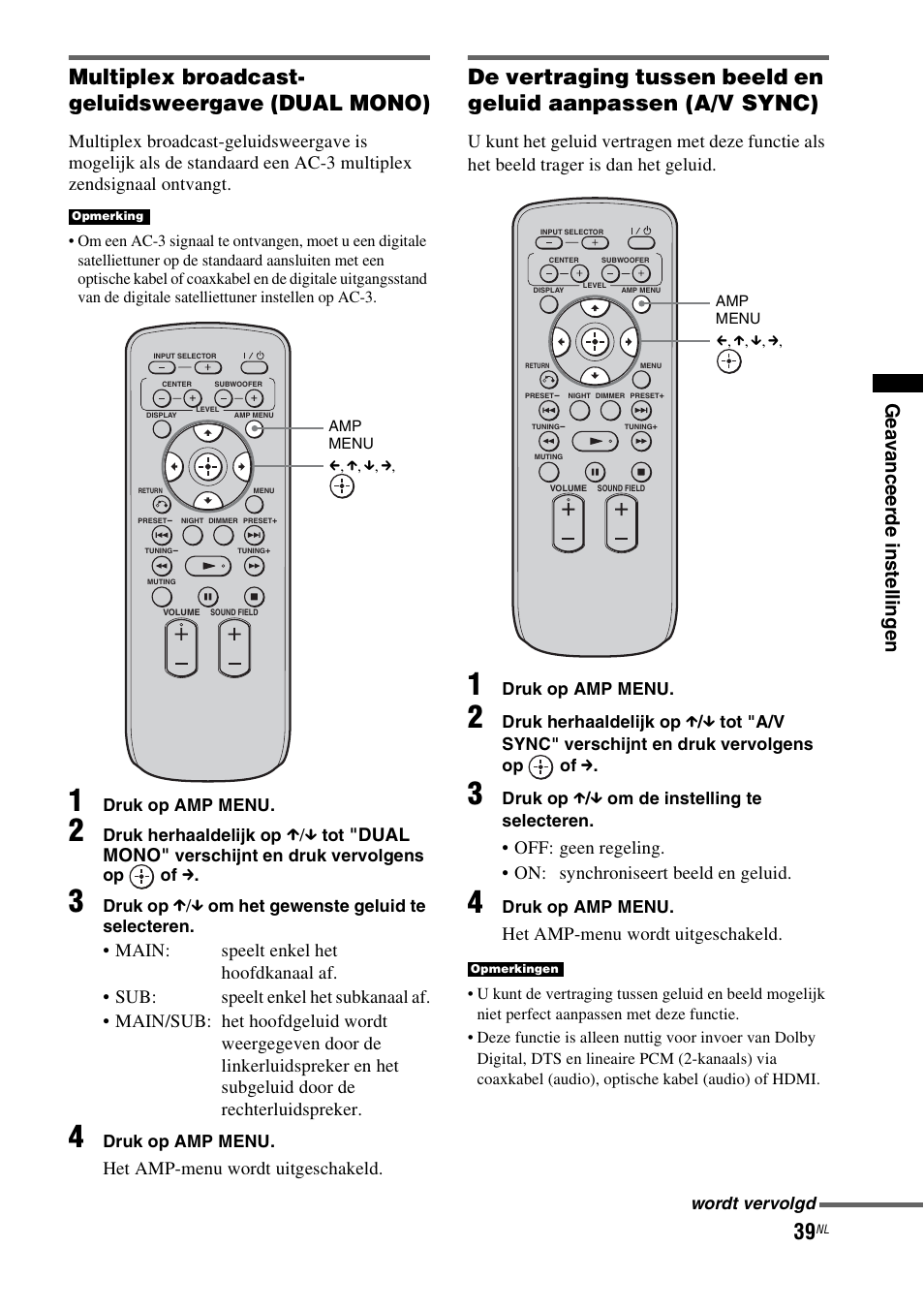 Multiplex broadcast- geluidsweergave (dual mono), Dual mono, Het amp-menu wordt uitgeschakeld | Sony RHT-G1550 User Manual | Page 39 / 196