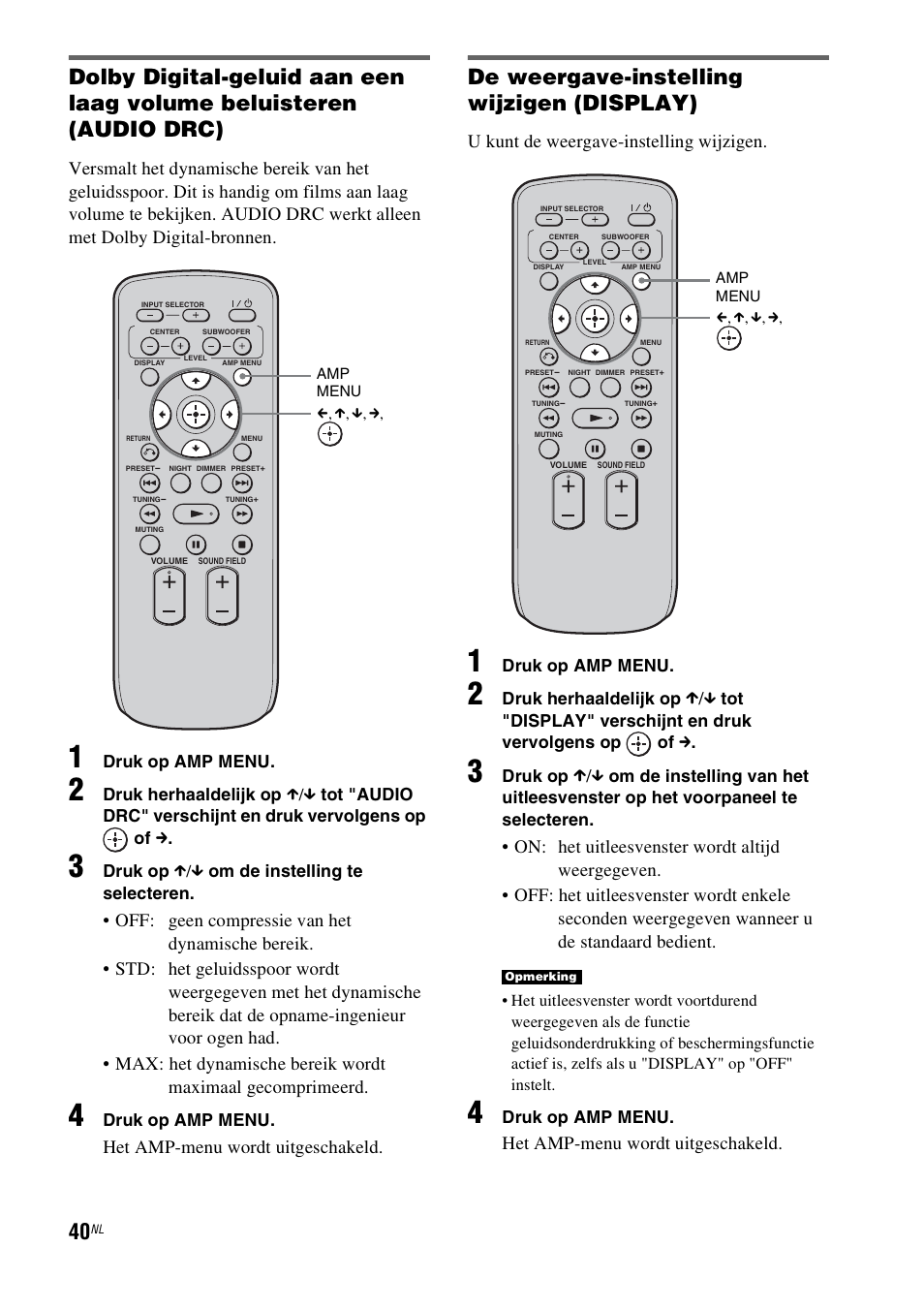 De weergave-instelling wijzigen (display), Het amp-menu wordt uitgeschakeld, U kunt de weergave-instelling wijzigen | Sony RHT-G1550 User Manual | Page 40 / 196