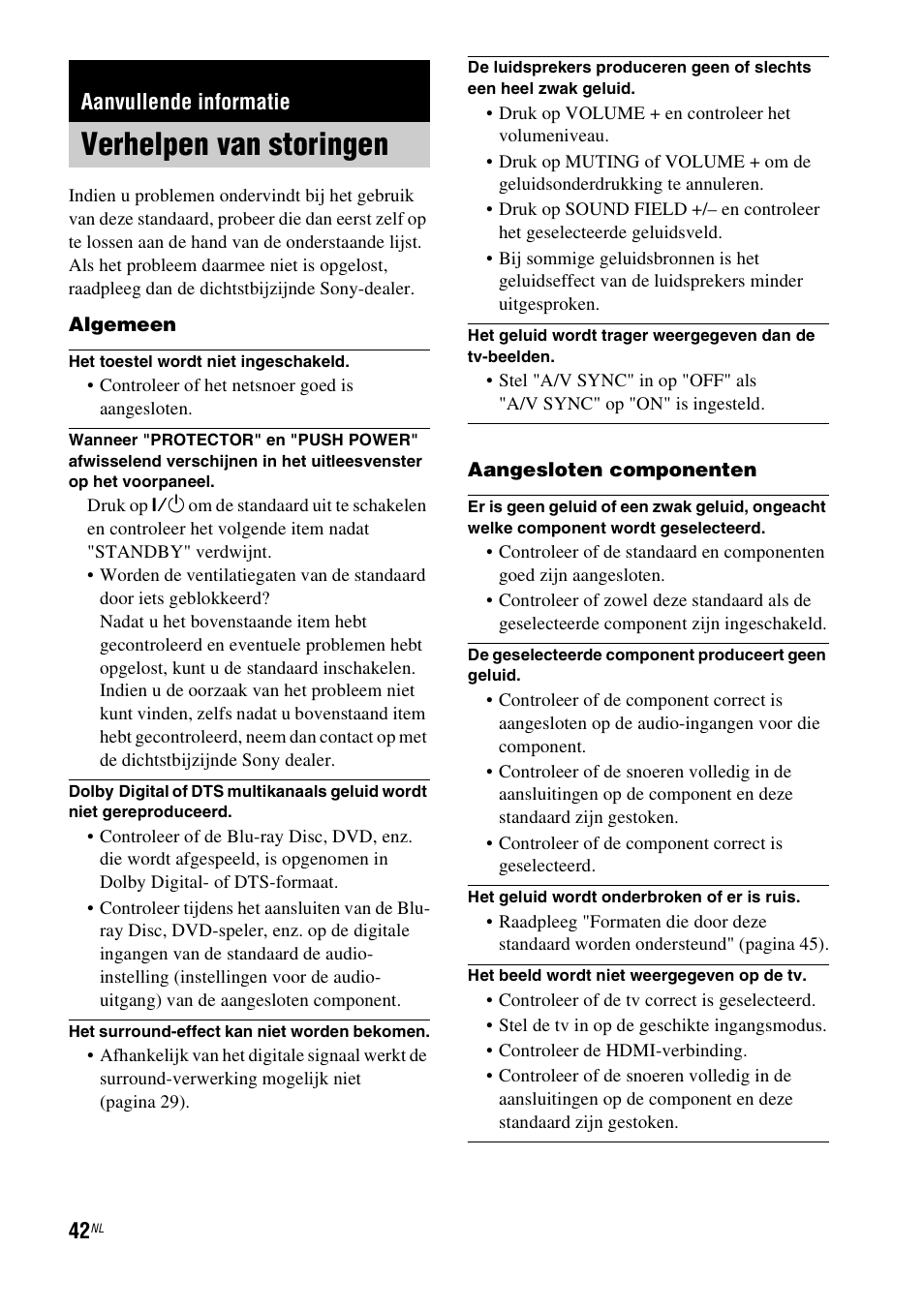 Aanvullende informatie, Verhelpen van storingen | Sony RHT-G1550 User Manual | Page 42 / 196